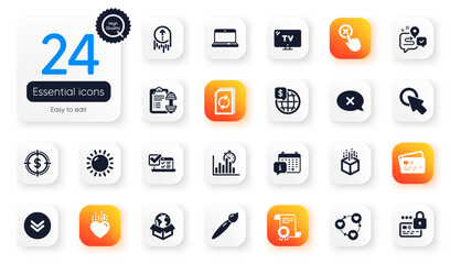 Set of Business flat icons. Dollar target, Scroll down and Online survey elements for web application. Report timer, Dumbbell, Swipe up icons. Calendar, Certificate, Augmented reality elements. Vector