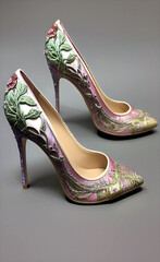 Obraz premium high heel woman shoes with floral decorations, generative ai illustration, these depiction is fictitious and generated