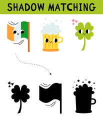 Cute St. Patrick's Day elements shadow matching activity for children. Simple educational game for kids with leaves. Find the correct silhouette printable worksheet.