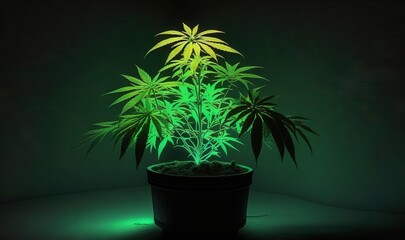  a potted plant is lit up with green light in the dark.  generative ai