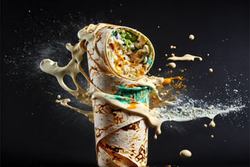 Turkish shawarma with chicken salad, topped with a dollop of mayonnaise, fresh tomatoes, and a tangy tortilla sauce, fiery flames and smoky haze, creating an flavorful experience, ai generative