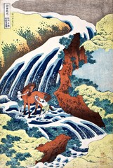Hokusai's The Yoshitsune horse-washing falls at Yoshino, Izumi Province (1833–1834) vintage Japanese woodblock print. - obrazy, fototapety, plakaty