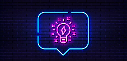 Neon light speech bubble. Inspiration line icon. Creativity light bulb with lightning bolt sign. Graphic art symbol. Neon light background. Inspiration glow line. Brick wall banner. Vector