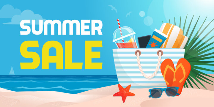Summer sale advertisement with beach accessories