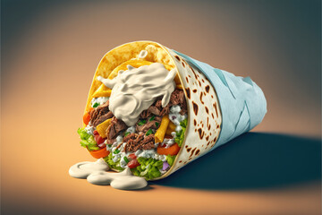 Turkish shawarma with chicken salad, topped with a dollop of mayonnaise, fresh tomatoes, and a tangy tortilla sauce, delivering a zesty and satisfying taste, Ai generative