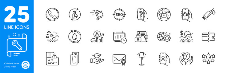 Outline icons set. Card, Coffee and Quality icons. Security contract, Verified mail, Seo gear web elements. Stand lamp, Spanner, Check investment signs. Like app, Call center, Refill water. Vector