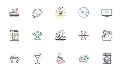 Hotel service line icons. Wi-Fi, Air conditioning and Coffee maker machine. Spa stones, swimming pool and hotel parking icons. Linear set. Bicolor outline web elements. Vector