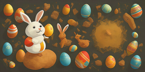 Easter bunny with easter eggs postcard, generative ai