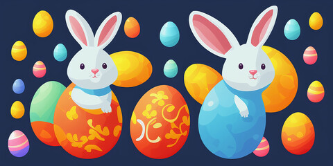 Cute easter bunnies with easter eggs, abstraction, Generative AI