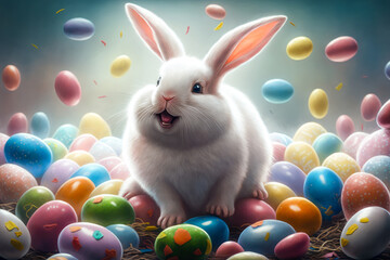 Obraz na płótnie Canvas A cheerful white rabbit is sitting surrounded by colorful Easter eggs. Generative AI.