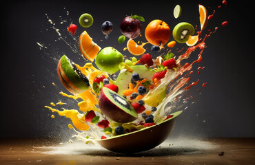bowl filled with fruit and splashing water. Generative AI.