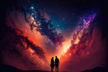 two people standing on hill looking at the stars. Generative AI.