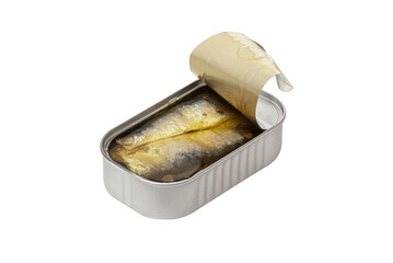 Opened sardine preserve fish can isolated on a transparent background