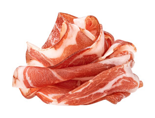 Bacon strips, pork brisket slices isolated on white background