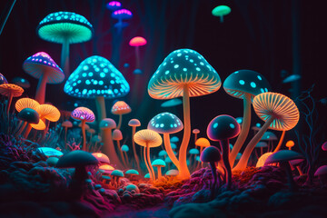 Fototapeta na wymiar bunch of mushrooms that are glowing in the dark. Generative AI.