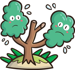 Funny tree cartoon character with sad expression