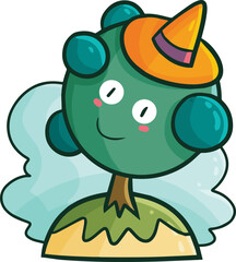 Cute rounded tree cartoon character wearing orange hat
