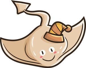 Funny light brown stingray cartoon character wearing hat.