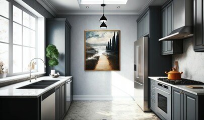  a kitchen with a painting hanging on the wall next to a stove top oven.  generative ai