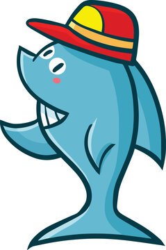 Cute shark cartoon character wearing hat