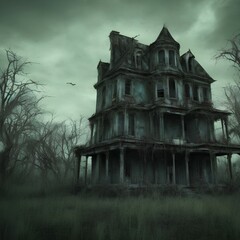 Dark atmospheric horror background. Haunted house. Dramatic sky, old, abandoned house, light in the windows. 3D illustration - generative ai