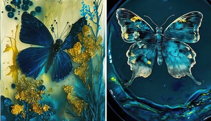  two pictures of blue butterflies in different stages of flight, one of which is blue and the other is yellow.  generative ai