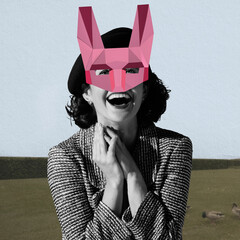 Creative artwork of excited happy woman with 3D origami mask on her head over light background....