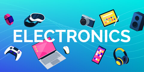 Electronics text surrounded by electronic devices