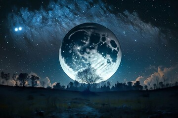 Fototapeta na wymiar starry sky, big moon, generative AI, moonlit night, moon, stars, nocturnal, darkness