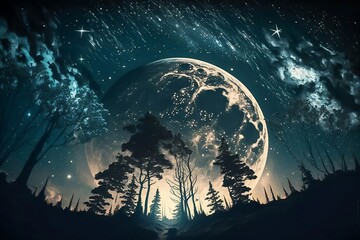 starry sky, big moon, generative AI, moonlit night, moon, stars, nocturnal, darkness