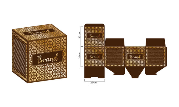 Packaging design with die Cut Template, Brown, and gold luxury box design template and 3d Box Mock-up. Illustration vector.