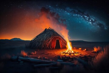 starry sky, hut, plain, bonfire, generative AI, camping, wilderness, cabin, stargazing, telescope, astronomical