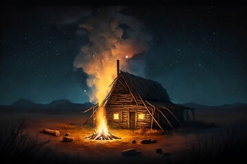 starry sky, hut, plain, bonfire, generative AI, camping, wilderness, cabin, stargazing, telescope, astronomical