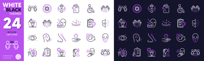 Stress grows, Coronavirus report and Health eye line icons for website, printing. Collection of 24 hours, Clean hands, Social distancing icons. Disability, Stop coronavirus. Vector