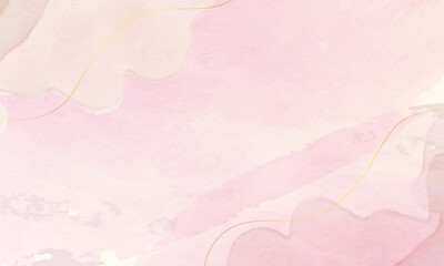 Abstract pink watercolor background with golden line. Hand drawn illustration.