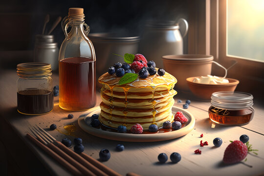 Painting of stack of pancakes with berries and syrup. Generative AI.