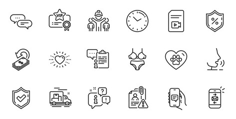 Outline set of Cashback, Heart and Dots message line icons for web application. Talk, information, delivery truck outline icon. Include Engineering team, Search employee, Chat app icons. Vector