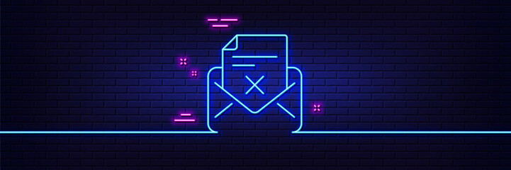 Neon light glow effect. Reject letter line icon. Delete mail sign. Decline message. 3d line neon glow icon. Brick wall banner. Reject letter outline. Vector