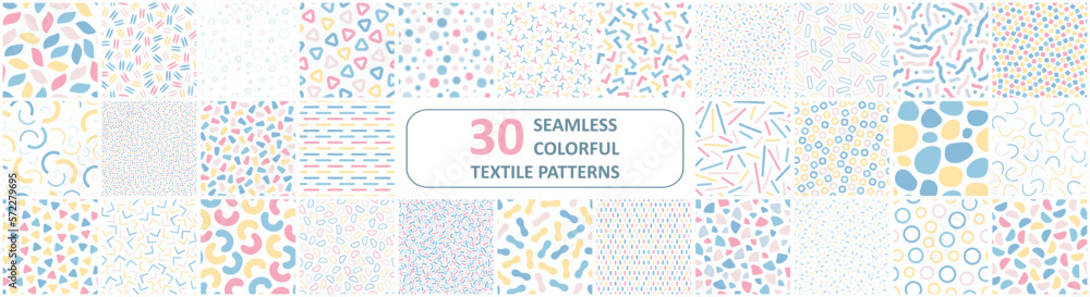 Fototapete Collection of vector seamless patterns with colorful mosaic shapes. Trendy minimalistic delicate backgrounds. Textile endless prints, stylish unusual textures.