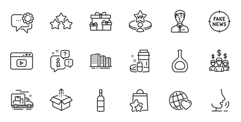 Obraz na płótnie Canvas Outline set of Loyalty points, Salary employees and Vip table line icons for web application. Talk, information, delivery truck outline icon. Vector