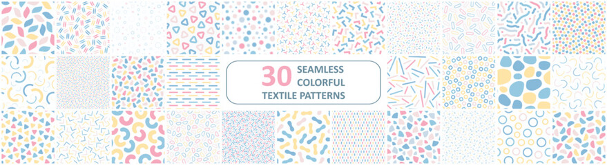 Collection of vector seamless patterns with colorful mosaic shapes. Trendy minimalistic delicate backgrounds. Textile endless prints, stylish unusual textures.