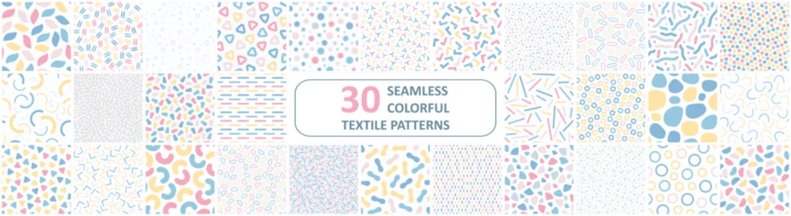 Collection of vector seamless patterns with colorful mosaic shapes. Trendy minimalistic delicate backgrounds. Textile endless prints, stylish unusual textures.