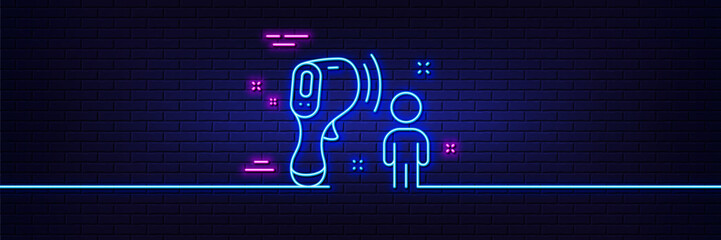 Neon light glow effect. Electronic thermometer line icon. Temperature scanner sign. Fever measuring symbol. 3d line neon glow icon. Brick wall banner. Electronic thermometer outline. Vector