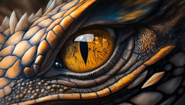 Close up of dragon's yellow eye. Generative AI.