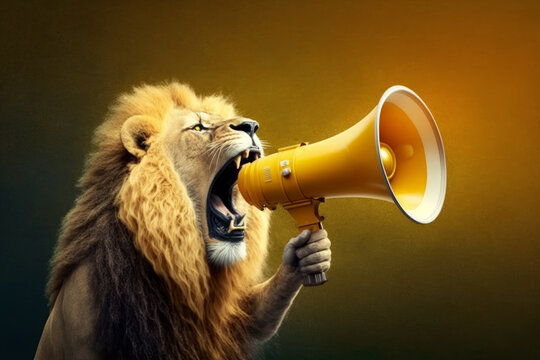 Lion holding megaphone with its mouth open. Generative AI.