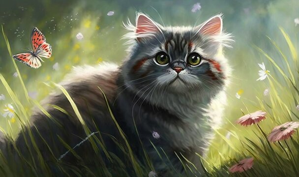  a painting of a cat sitting in a field of grass.  generative ai