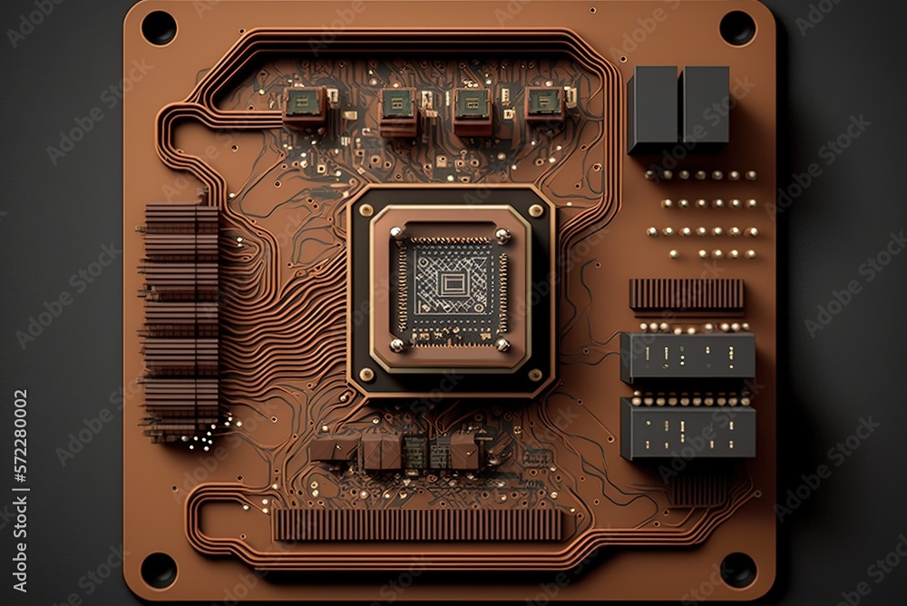 Aufkleber generative artwork depicting a realistic electrical microchip installed on the brown motherboard of 