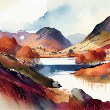 A mountain scene in the Lake District, England painted in watercolour on textured paper