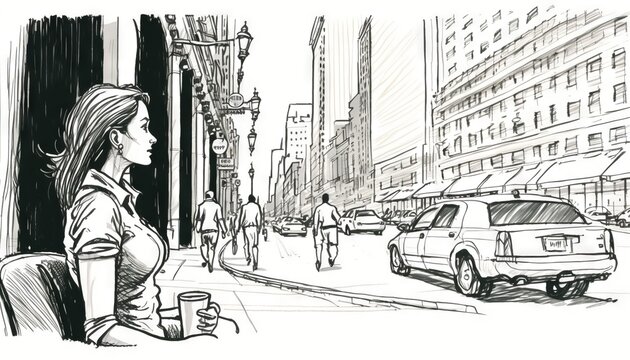  a drawing of a woman sitting at a table on a city street.  generative ai