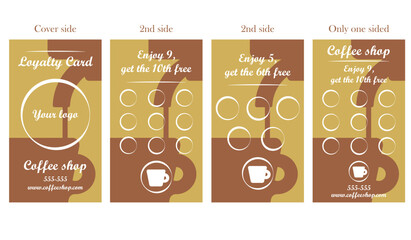 Coffee loyalty card template to print with cup and coffee machine   silhouette. Vector illustration business card template. Buy 9 get the 10th free. Enjoy 5, get the 6th free.